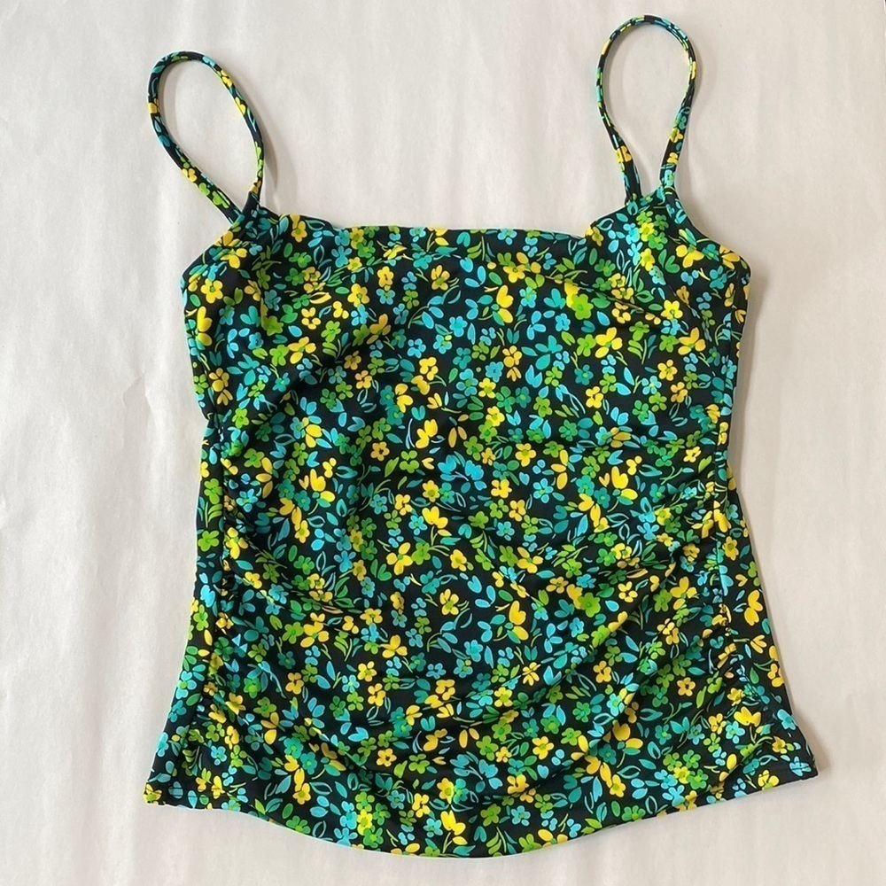 Miraclesuit Black w Green Blue Yellow Floral Print Tankini Swim Top